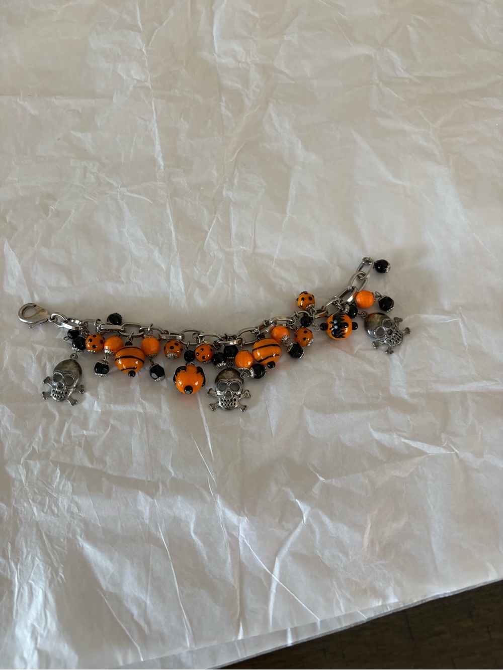 Halloween Glass Charm Bracelet Pumpkins Skulls Glass Beads 8”